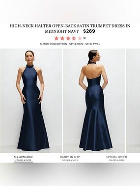 ALFRED SUNG Midnight Navy High-Neck Halter Open-Back Satin Trumpet Gown